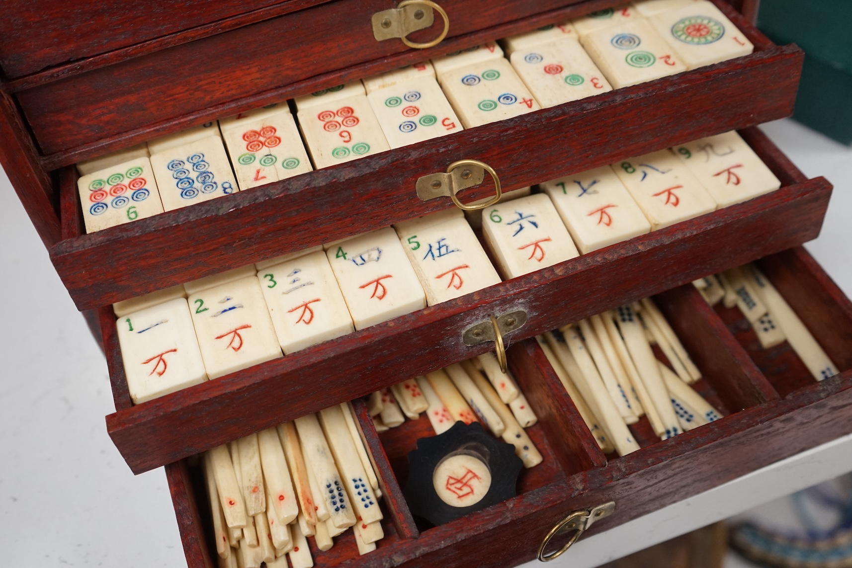 A Chinese bone Mahjong set, cased with boxed racks., Condition - fair